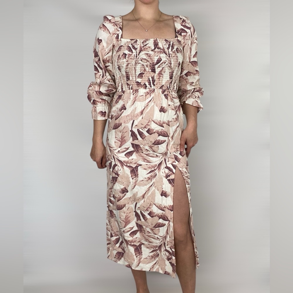 HOUSE OF HARLOW 1960 Floral Smocked Square Neck Puff Sleeve MIDI Slit Dress